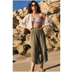 Marine Layer Corinne Cotton Gauze Wide Leg Beachy Pull On Pants | Green | XS